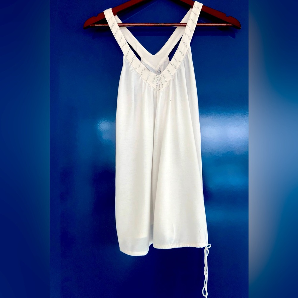 Armani Exchange white bejeweled v- neck tank with drawstring hem. Size M